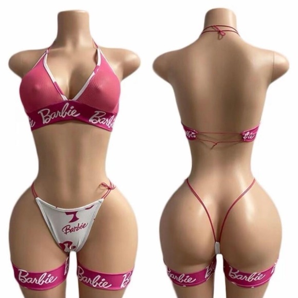NWOT Sexy Skimpy Bubble Gum Pink & White 4pc Barbie Stripper Thong Bikini Outfit